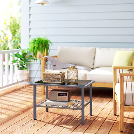 Outdoor Rattan Coffee Table with Tempered Glass Top, Storage Shelf, Foot Pads, F