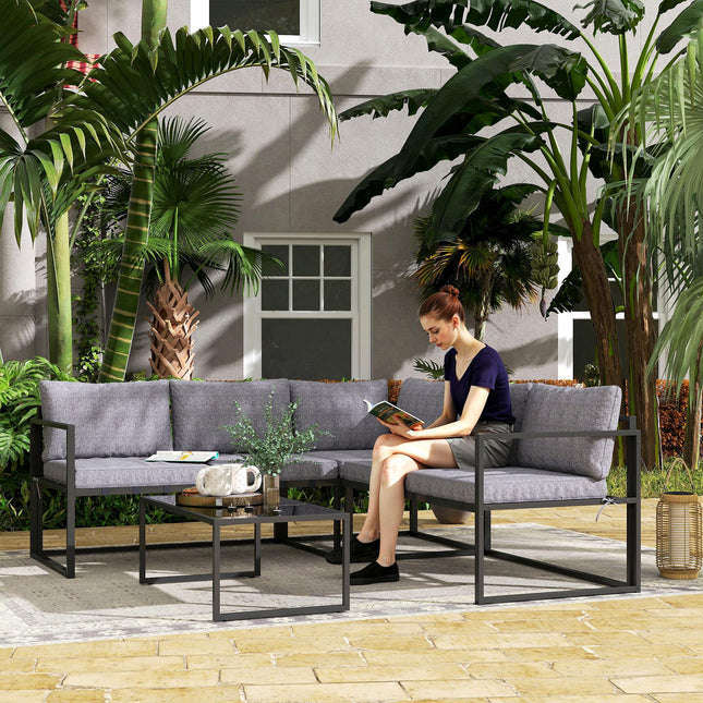 3 Piece L Shaped Garden Furniture Set with Cushions - Grey