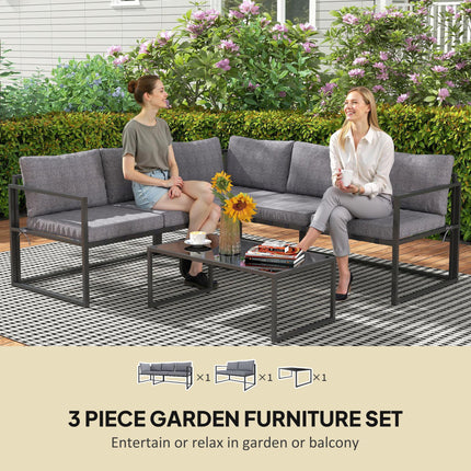 3 Piece L Shaped Garden Furniture Set with Cushions - Grey