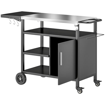 Outdoor BBQ Trolley with Foldable Side Table, Stainless Steel Top, Wheels, Hooks & Cabinet with Cover - Black