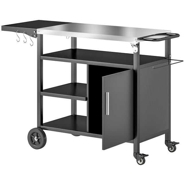 Outdoor BBQ Trolley with Foldable Side Table, Stainless Steel Top, Wheels, Hooks & Cabinet with Cover - Black