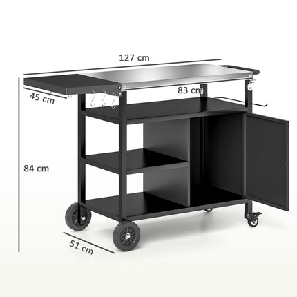 Outdoor BBQ Trolley with Foldable Side Table, Stainless Steel Top, Wheels, Hooks & Cabinet with Cover - Black
