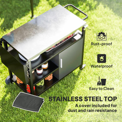 Outdoor BBQ Trolley with Foldable Side Table, Stainless Steel Top, Wheels, Hooks & Cabinet with Cover - Black