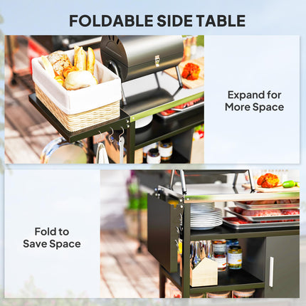 Outdoor BBQ Trolley with Foldable Side Table, Stainless Steel Top, Wheels, Hooks & Cabinet with Cover - Black