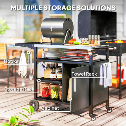 Outdoor BBQ Trolley with Foldable Side Table, Stainless Steel Top, Wheels, Hooks & Cabinet with Cover - Black