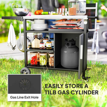Outdoor BBQ Trolley with Foldable Side Table, Stainless Steel Top, Wheels, Hooks & Cabinet with Cover - Black