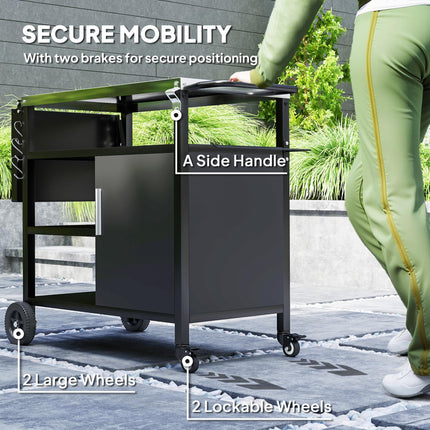 Outdoor BBQ Trolley with Foldable Side Table, Stainless Steel Top, Wheels, Hooks & Cabinet with Cover - Black