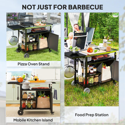 Outdoor BBQ Trolley with Foldable Side Table, Stainless Steel Top, Wheels, Hooks & Cabinet with Cover - Black
