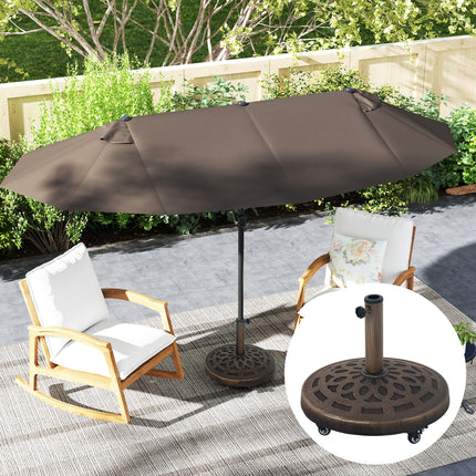21kg Resin Garden Parasol Base with Wheels for 34, 38, 48mm Poles, Heavy Duty Round Umbrella Stand for Deck & Poolside - Bronze Tone