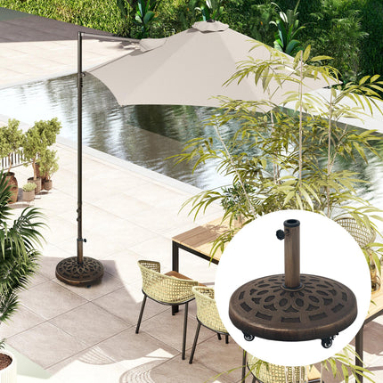 21kg Resin Garden Parasol Base with Wheels for 34, 38, 48mm Poles, Heavy Duty Round Umbrella Stand for Deck & Poolside - Bronze Tone