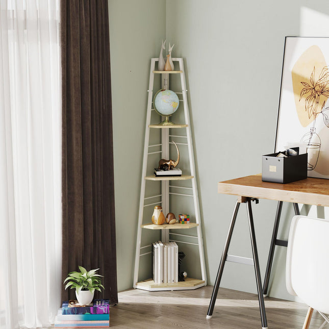 Five-Tier Corner Shelf - White/Wood-Effect