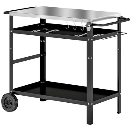 BBQ Trolley with Stainless Steel Top, Adjustable Shelf, Hooks & Towel Rack Outdoor Grill Cart with Cover - Black