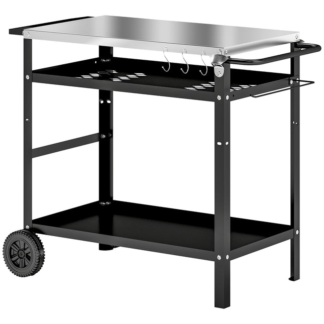 BBQ Trolley with Stainless Steel Top, Adjustable Shelf, Hooks & Towel Rack Outdoor Grill Cart with Cover - Black