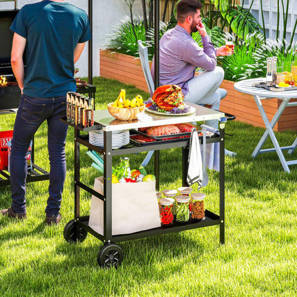 BBQ Trolley with Stainless Steel Top, Adjustable Shelf, Hooks & Towel Rack Outdoor Grill Cart with Cover - Black