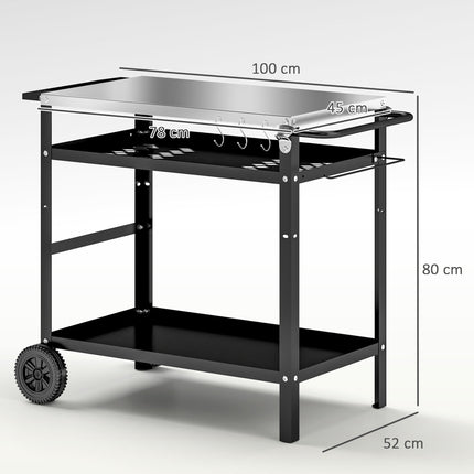 BBQ Trolley with Stainless Steel Top, Adjustable Shelf, Hooks & Towel Rack Outdoor Grill Cart with Cover - Black