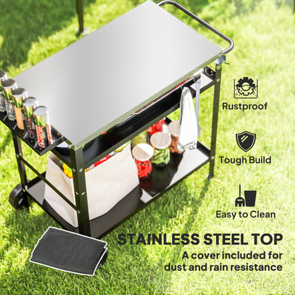 BBQ Trolley with Stainless Steel Top, Adjustable Shelf, Hooks & Towel Rack Outdoor Grill Cart with Cover - Black