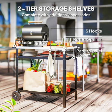 BBQ Trolley with Stainless Steel Top, Adjustable Shelf, Hooks & Towel Rack Outdoor Grill Cart with Cover - Black