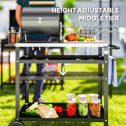 BBQ Trolley with Stainless Steel Top, Adjustable Shelf, Hooks & Towel Rack Outdoor Grill Cart with Cover - Black