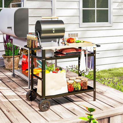BBQ Trolley with Stainless Steel Top, Adjustable Shelf, Hooks & Towel Rack Outdoor Grill Cart with Cover - Black