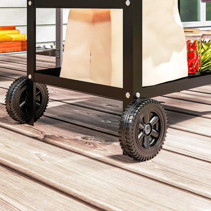 BBQ Trolley with Stainless Steel Top, Adjustable Shelf, Hooks & Towel Rack Outdoor Grill Cart with Cover - Black