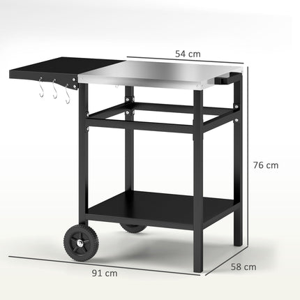 Outdoor BBQ Trolley with Stainless Steel Top, Foldable Side Table & Hooks - Black