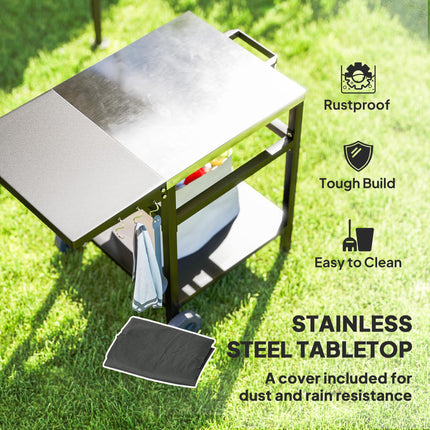 Outdoor BBQ Trolley with Stainless Steel Top, Foldable Side Table & Hooks - Black