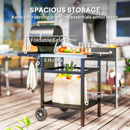 Outdoor BBQ Trolley with Stainless Steel Top, Foldable Side Table & Hooks - Black
