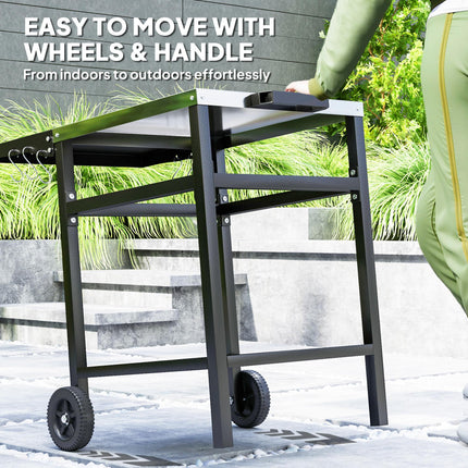Outdoor BBQ Trolley with Stainless Steel Top, Foldable Side Table & Hooks - Black