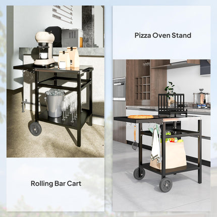 Outdoor BBQ Trolley with Stainless Steel Top, Foldable Side Table & Hooks - Black
