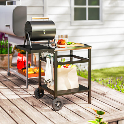 Outdoor BBQ Trolley with Stainless Steel Top, Foldable Side Table & Hooks - Black