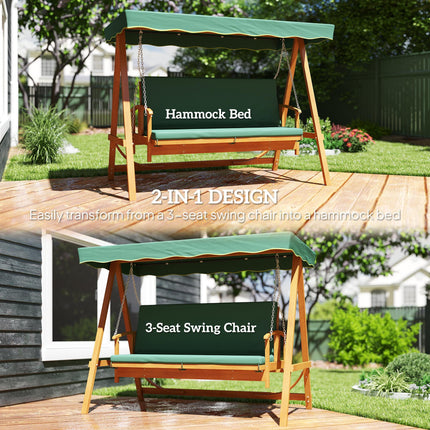 3 Seater 2-in-1 Wooden Garden Swing Seat Swing Chair Outdoor Convertible Hammock