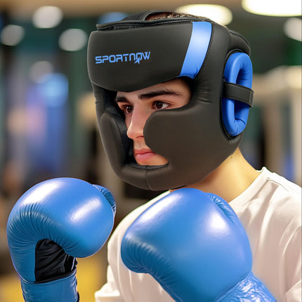 Boxing Headguard with Adjustable Strap for Full Face Protection Kickboxing Martial Arts - Blue