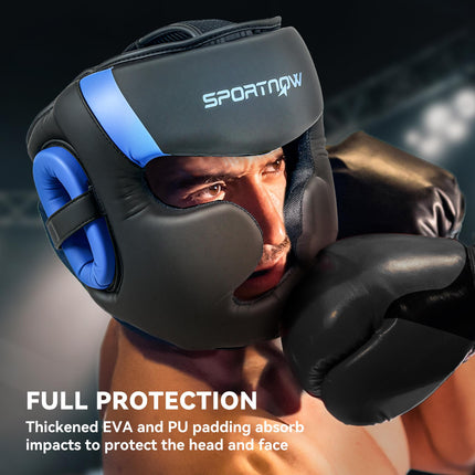 Boxing Headguard with Adjustable Strap for Full Face Protection Kickboxing Martial Arts - Blue