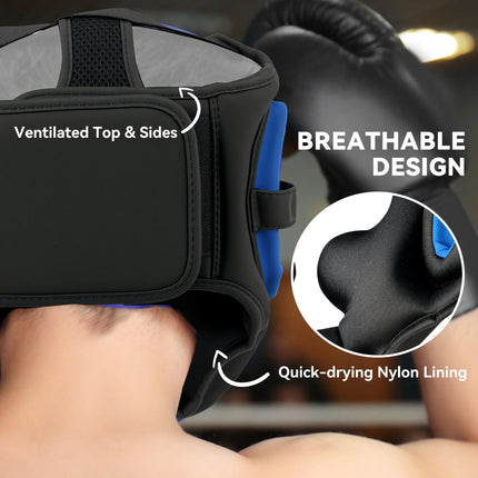 Boxing Headguard with Adjustable Strap for Full Face Protection Kickboxing Martial Arts - Blue