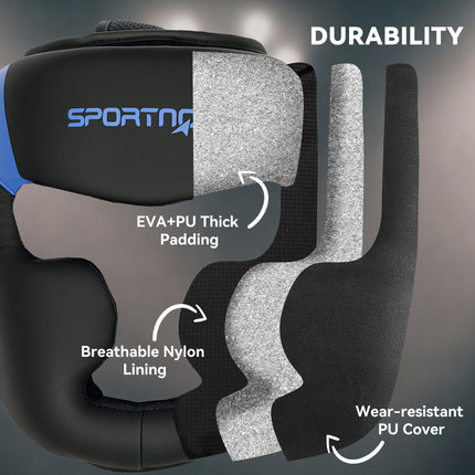 Boxing Headguard with Adjustable Strap for Full Face Protection Kickboxing Martial Arts - Blue