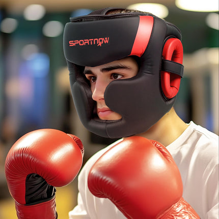 Boxing Headguard with Adjustable Strap for Full Face Protection Kickboxing Sparring Martial Arts - Red