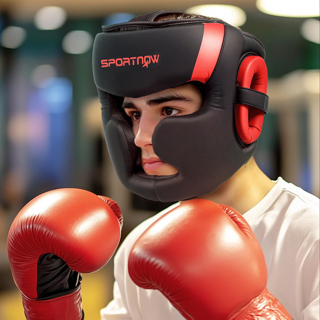 Boxing Headguard with Adjustable Strap for Full Face Protection Kickboxing Sparring Martial Arts - Red