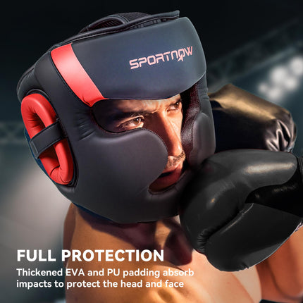 Boxing Headguard with Adjustable Strap for Full Face Protection Kickboxing Sparring Martial Arts - Red