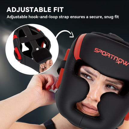 Boxing Headguard with Adjustable Strap for Full Face Protection Kickboxing Sparring Martial Arts - Red