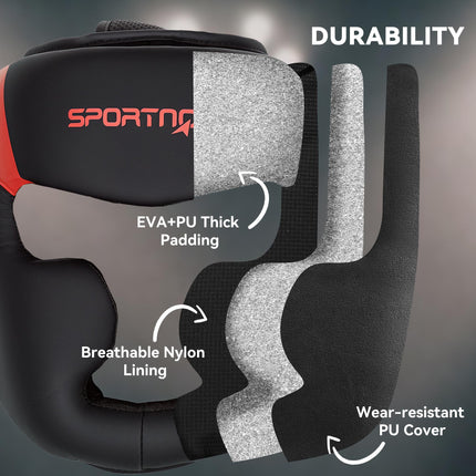 Boxing Headguard with Adjustable Strap for Full Face Protection Kickboxing Sparring Martial Arts - Red