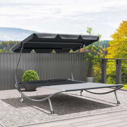 Double Outdoor Bed with Adjustable Canopy and Steel Frame - Light Grey