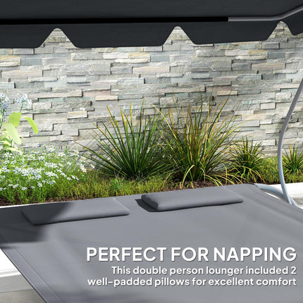 Double Outdoor Bed with Adjustable Canopy and Steel Frame - Light Grey