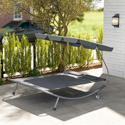 Double Outdoor Bed with Adjustable Canopy and Steel Frame - Light Grey