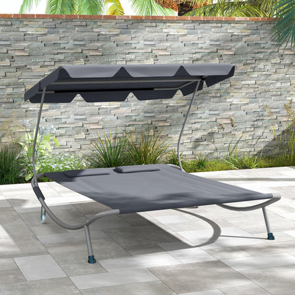 Double Outdoor Bed with Adjustable Canopy and Steel Frame - Light Grey