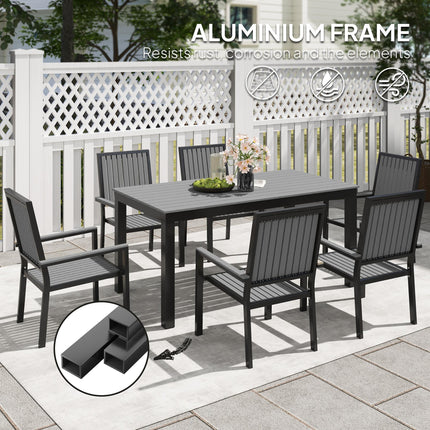 6 Seater Garden Dining Set with Stackable Chairs, Aluminium Frame, Rectangular Plastic Top, Garden Furniture Set, Outdoor Dining Table and Chairs for Patio, Balcony, Poolside, Grey