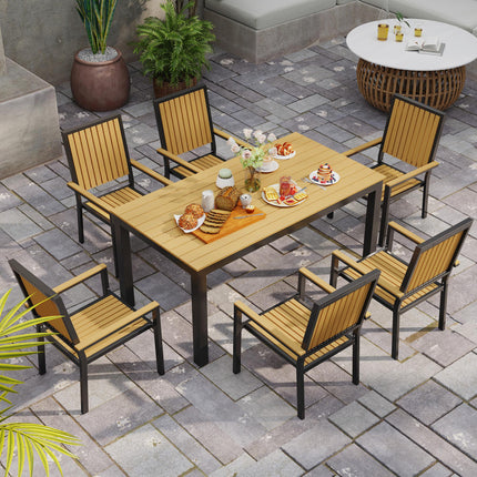 6 Seater Garden Dining Set with Stackable Chairs and Weather-Resistant Wood Plastic Tabletop - Nature Wood Finish