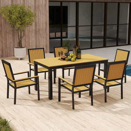 6 Seater Garden Dining Set with Stackable Chairs and Weather-Resistant Wood Plastic Tabletop - Nature Wood Finish