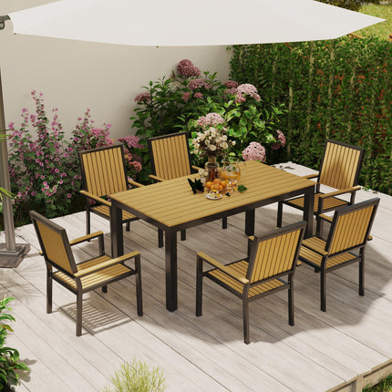 6 Seater Garden Dining Set with Stackable Chairs and Weather-Resistant Wood Plastic Tabletop - Nature Wood Finish