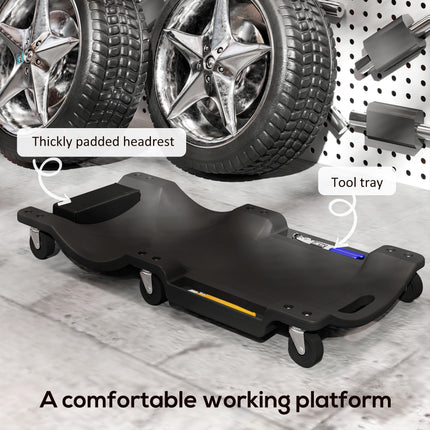 Mechanic Vehicle Creeper with Padded Headrest and Tool Tray for Car Repair - Black