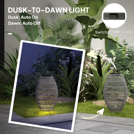 Rattan Solar Garden Lantern with Auto On/Off - Light Grey